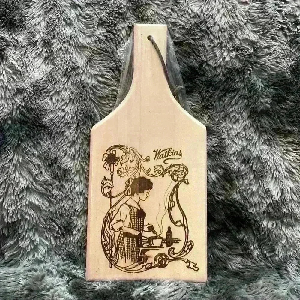 NWOT Watkins Wood Cutting Board 125th Anniversary  Woman Cooking Burned In